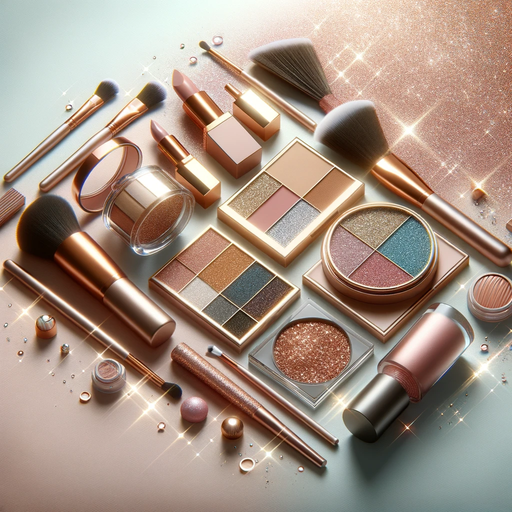 653a7897d64d0_DALL·E 2023-10-26 17.33.40 - Photo-realistic depiction of a flat lay arrangement of high-end makeup products on a pastel background, with shimmering highlights and a sense of luxu.png