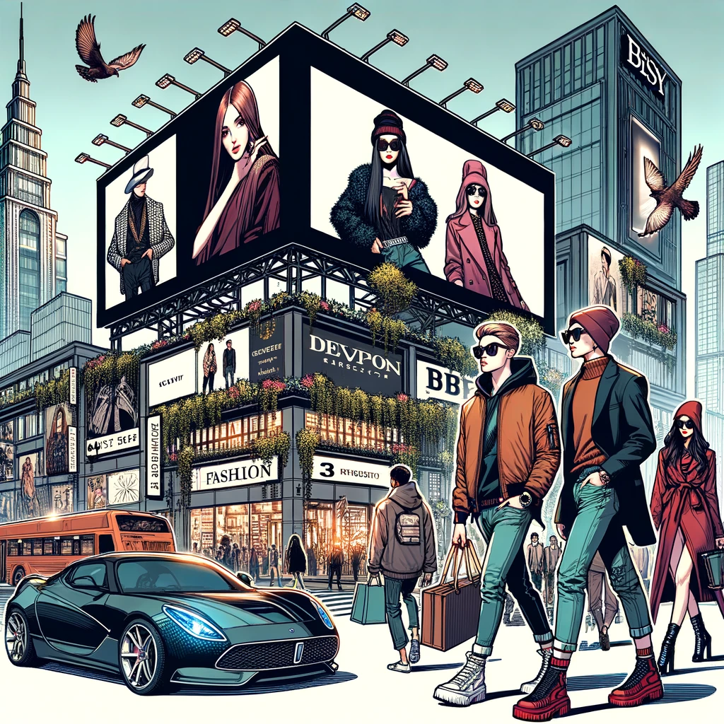653a797ec23d8_DALL·E 2023-10-26 17.31.04 - Illustration in the matching fashion style of a chic cityscape with billboards of trendy brands and people in cutting-edge streetwear.png